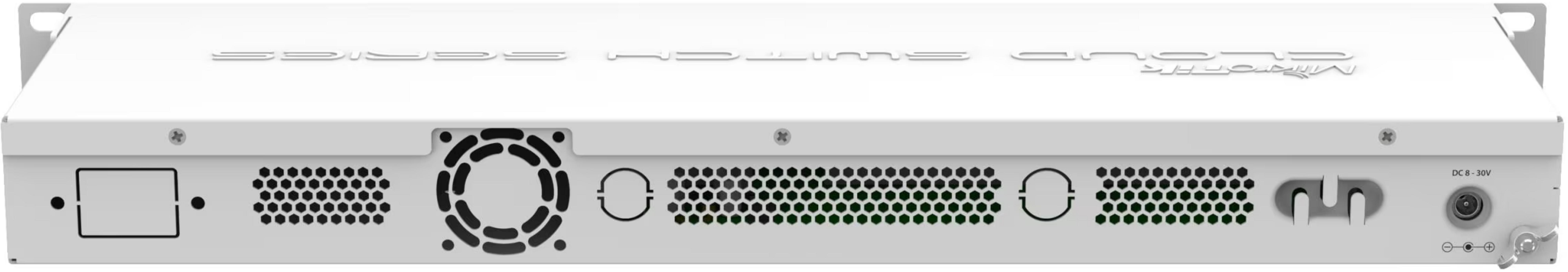 Arrière d'un switch réseau blanc avec ventilateur, grilles et ports.