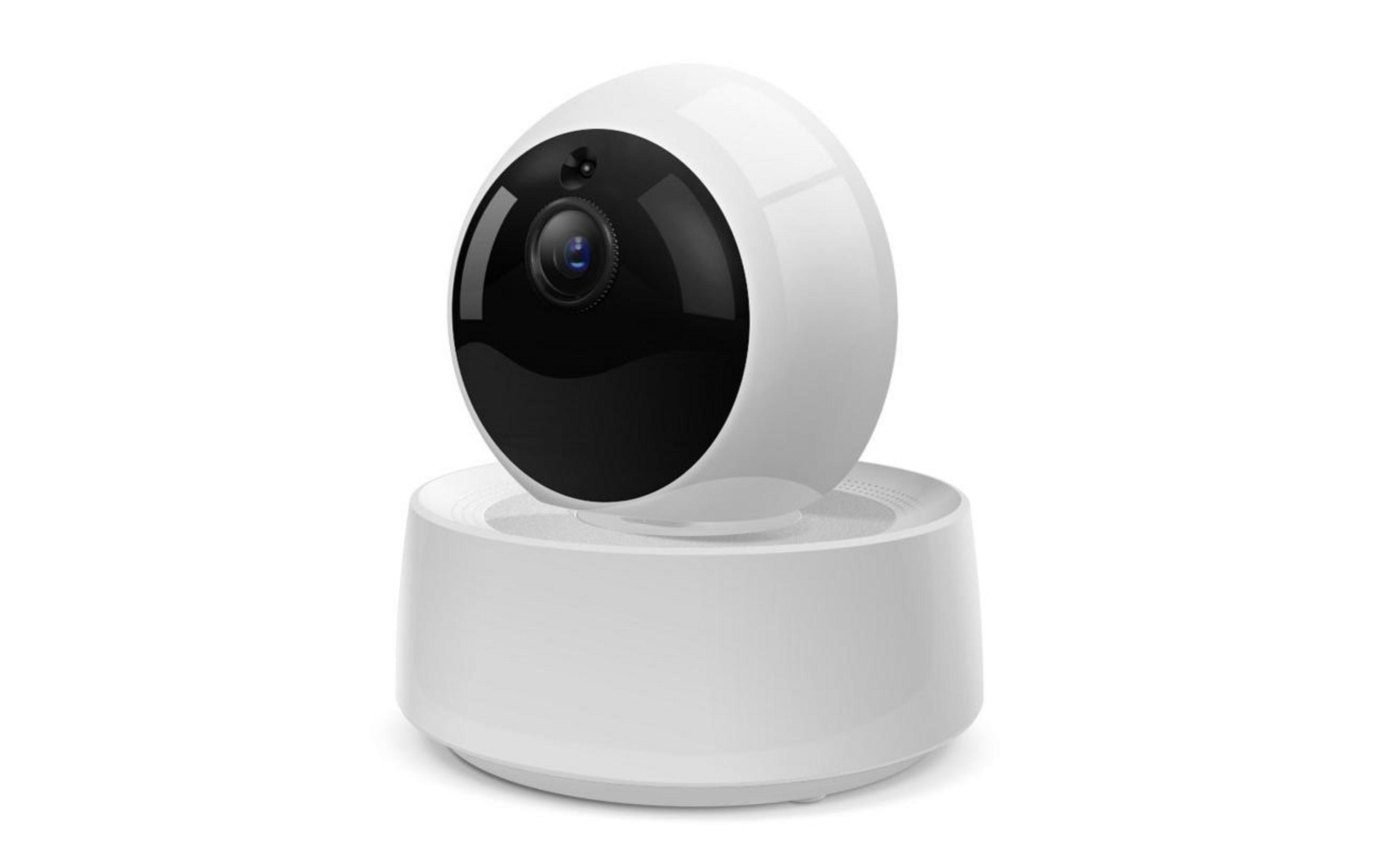 Una telecamera di sicurezza bianca con lente e base nere su sfondo bianco.