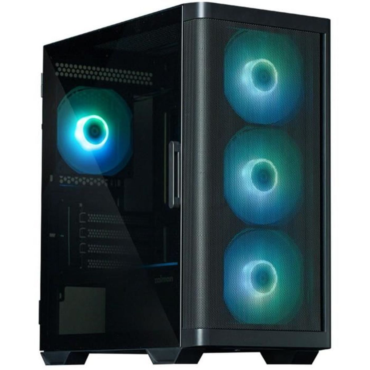 Un case per computer nero con pannello laterale in vetro e ventole RGB.