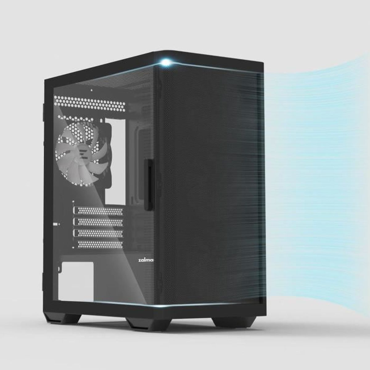 Case PC nero con lato in vetro, che emette flusso d'aria blu.