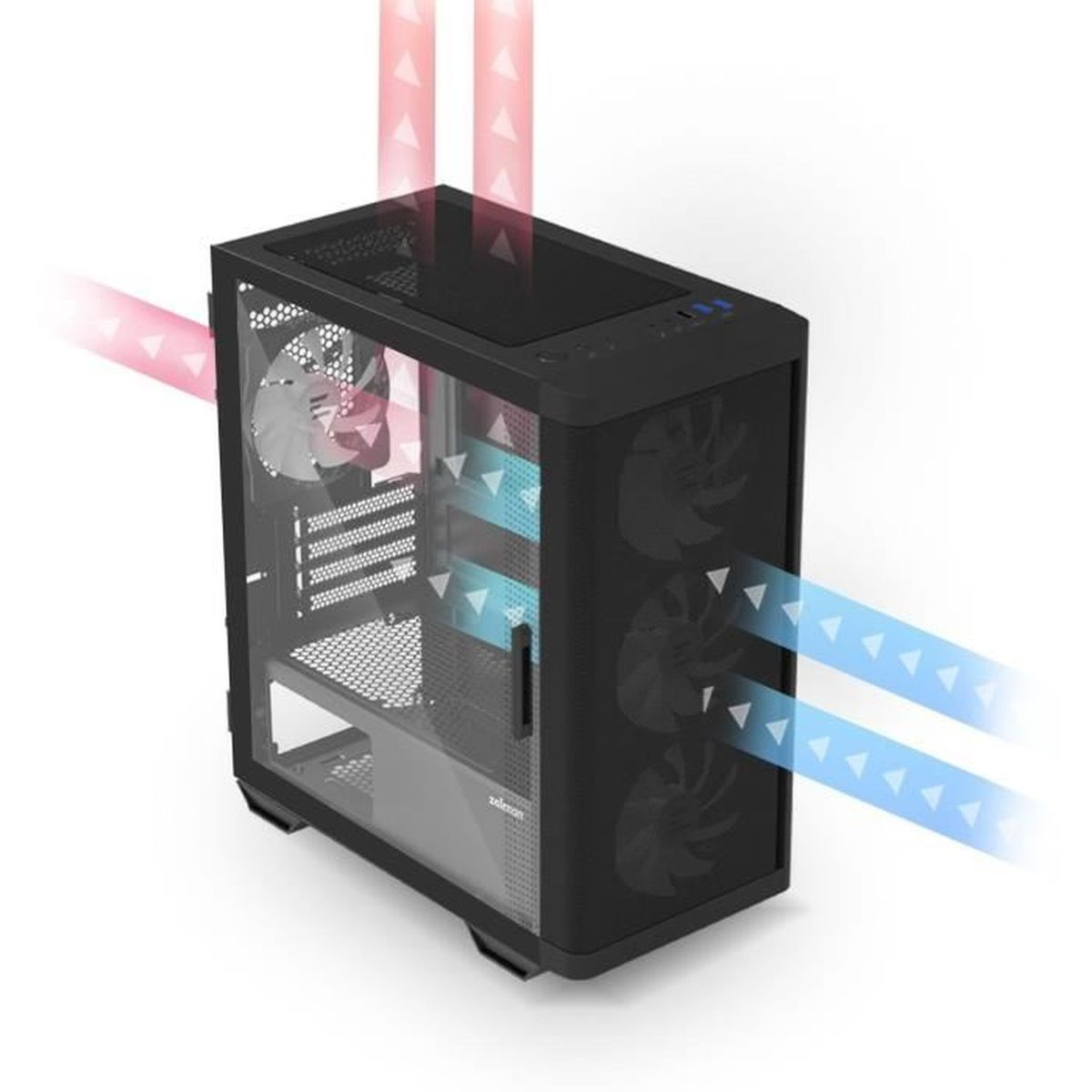 Case PC nero con pannello laterale trasparente e indicatori di flusso d'aria.