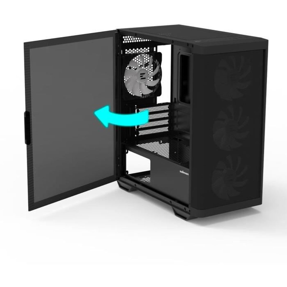 Case PC nero con pannello laterale aperto e freccia blu per flusso d'aria.