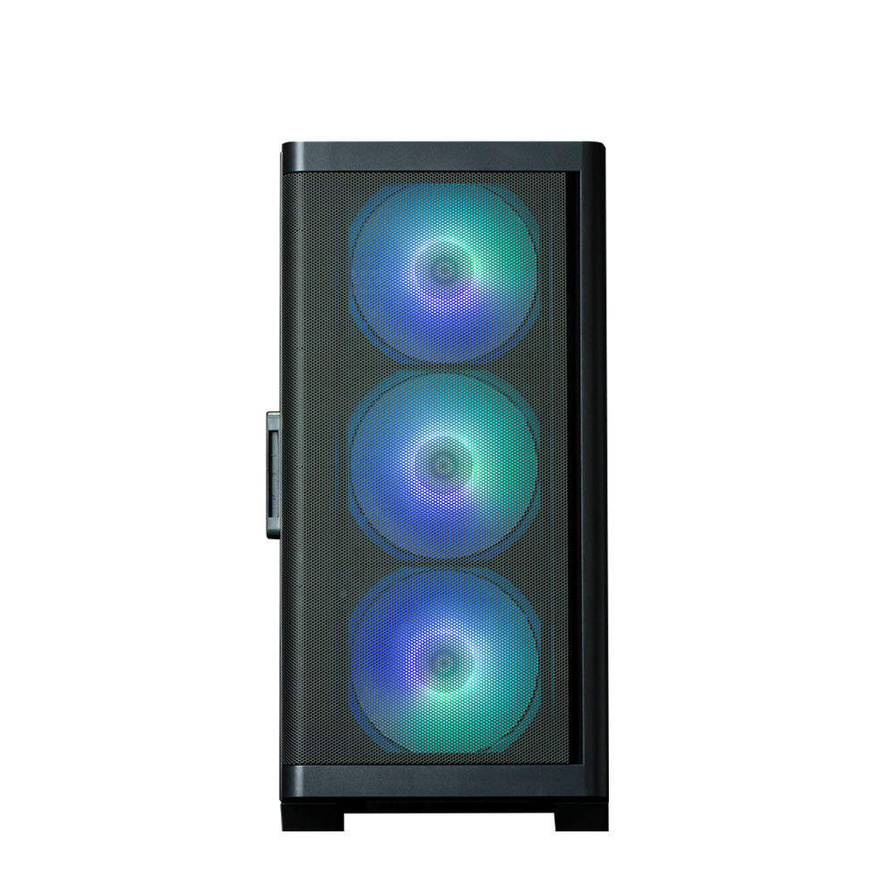 Case del computer nero con tre ventole illuminate blu e verdi.