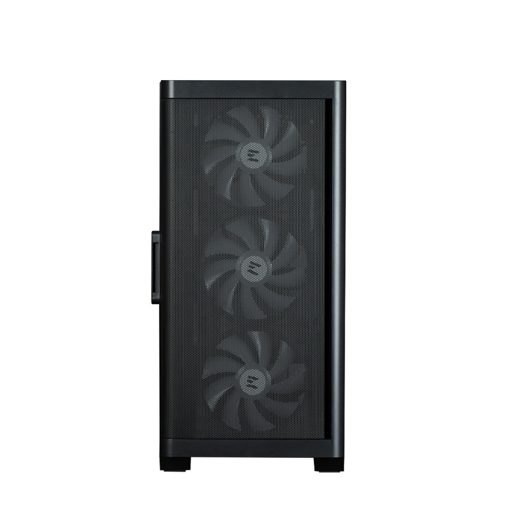 Case del computer nero con tre ventole frontali e una maniglia laterale.