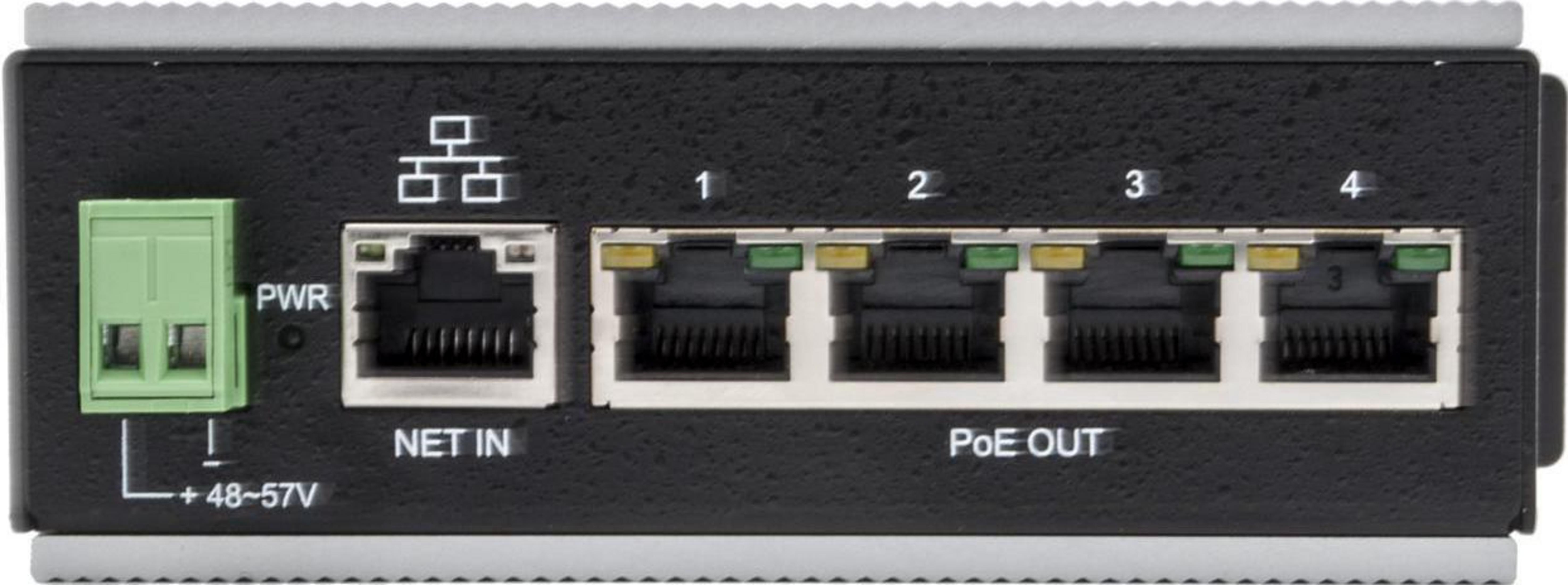 Switch di rete con 4 porte PoE out, 1 porta Net In e morsetto di alimentazione.