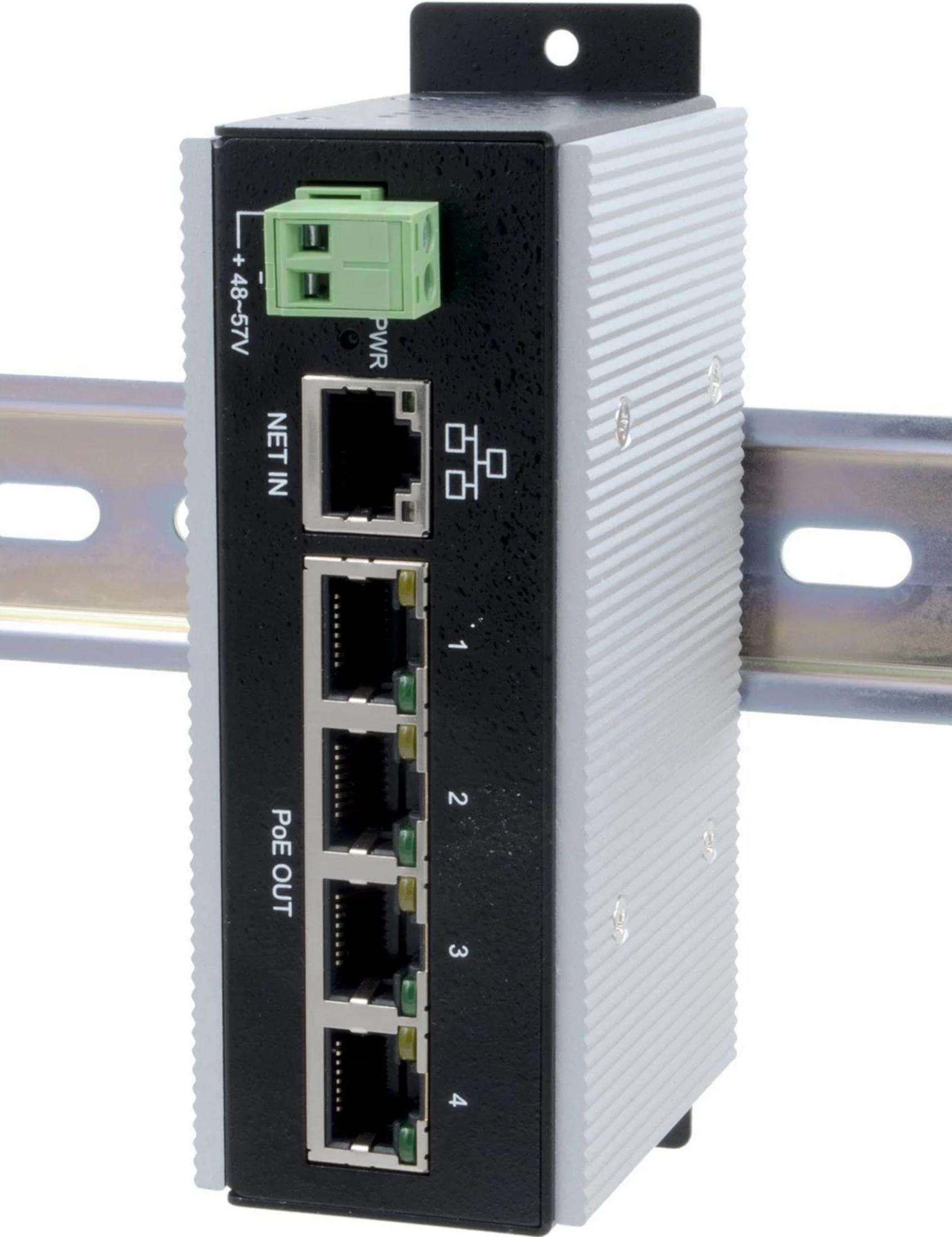 Uno switch di rete industriale a 5 porte montato su guida DIN.
