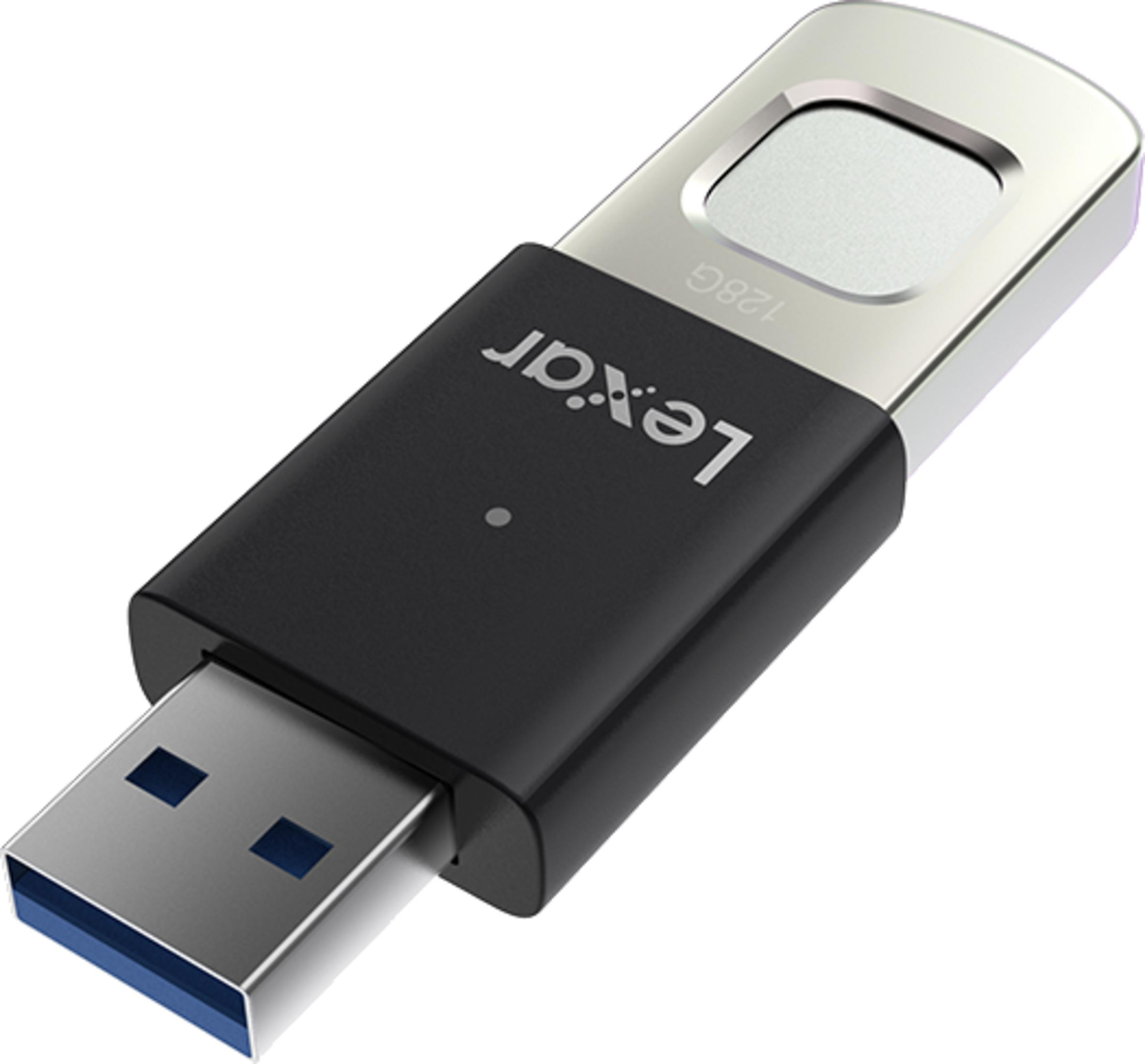 Lexar 128GB USB-Speicherstick mit schwarzem Gehäuse und silberner Kappe.