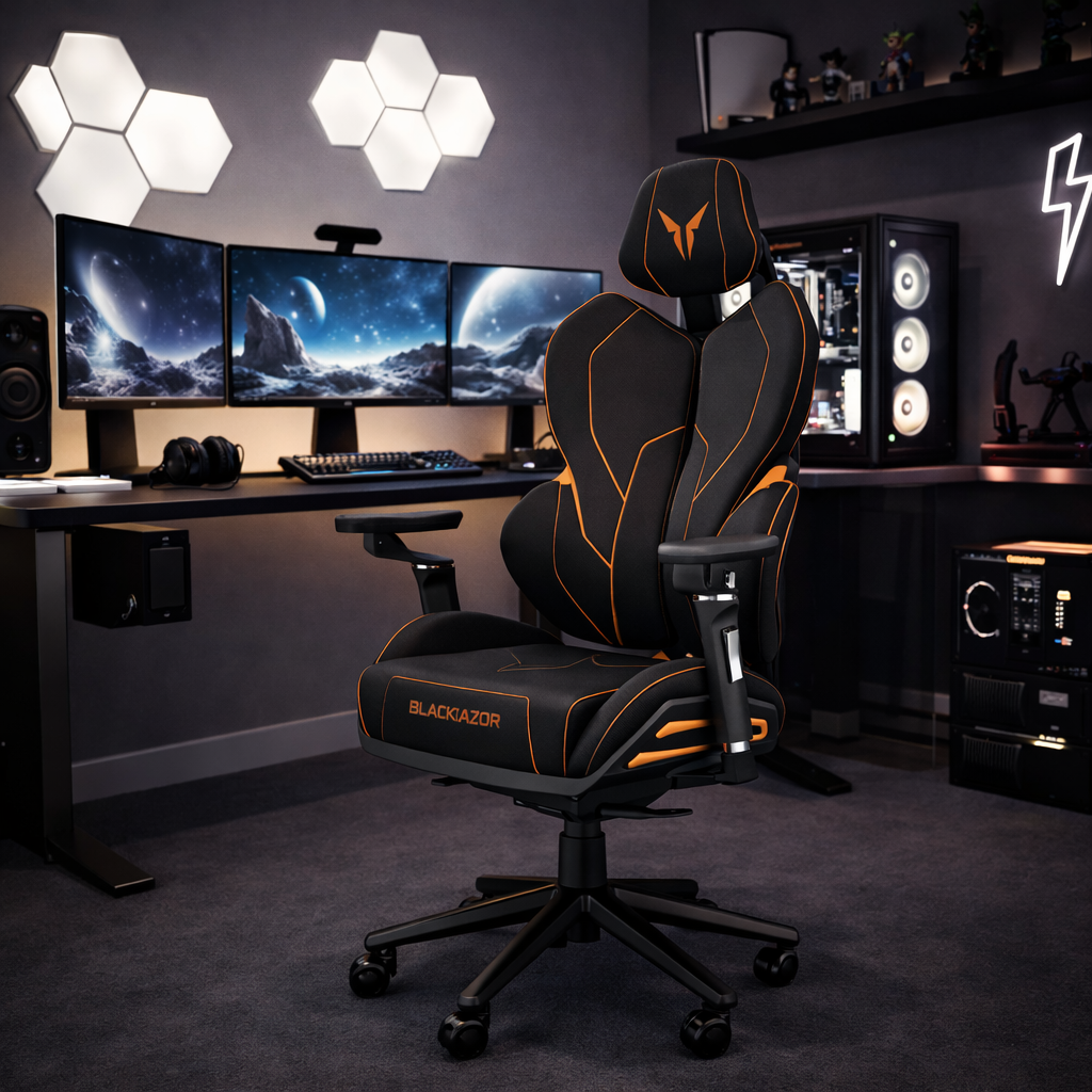 Czarny fotel gamingowy z pomarańczowymi akcentami stoi w pokoju z wieloma monitorami.