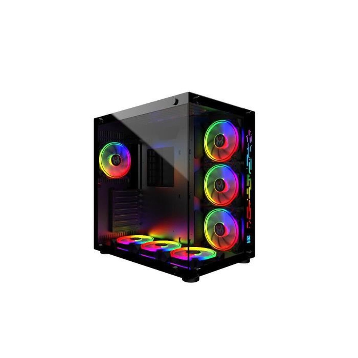 Un case PC nero con finestra in vetro e ventole RGB colorate.