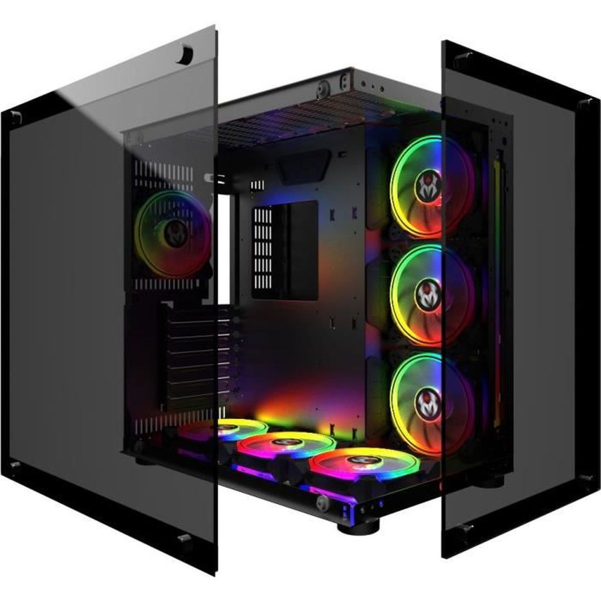 Un case per PC con lati in vetro e ventole illuminate.