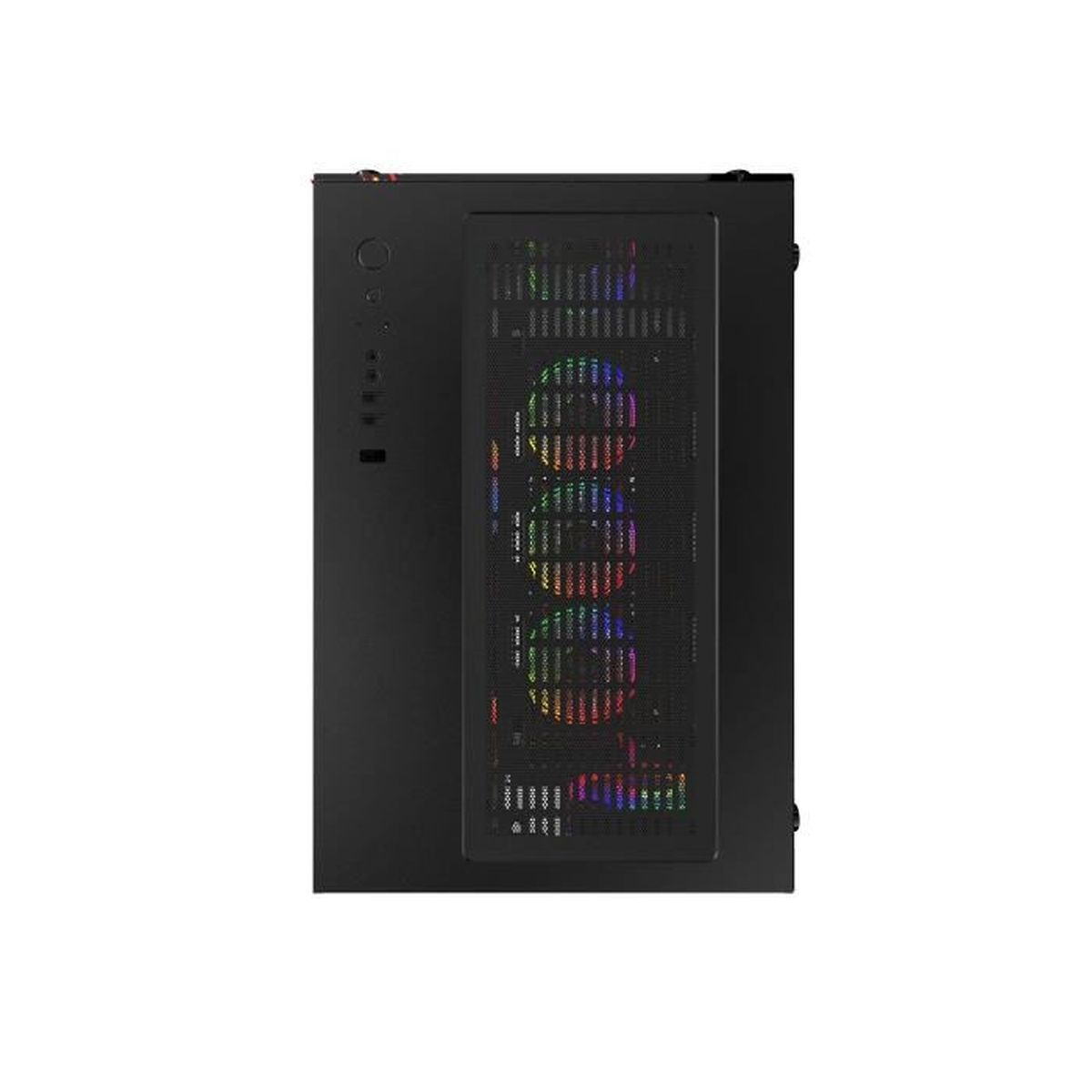 Una torre PC nera con pannello frontale in mesh e ventole RGB colorate.