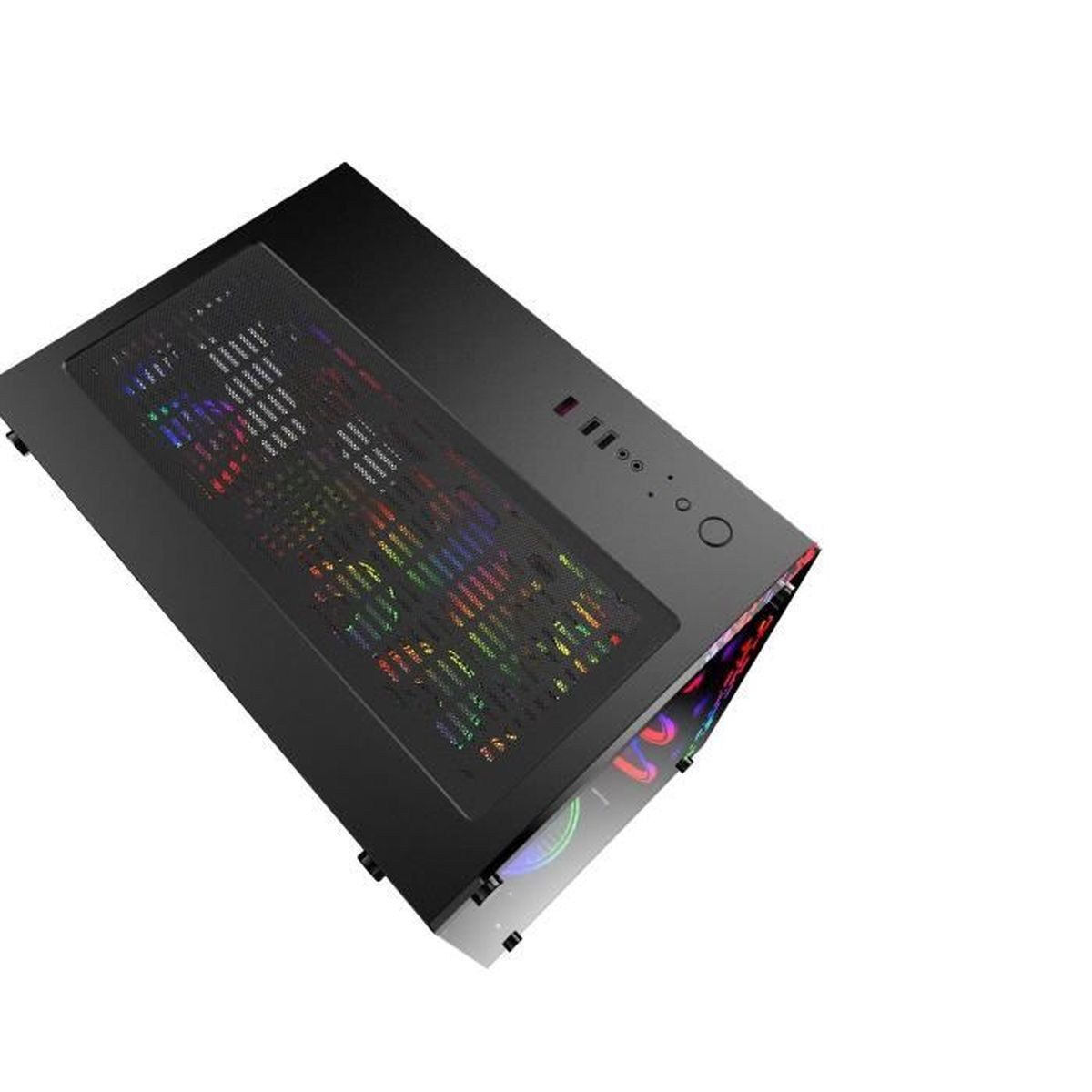 Un case per computer nero con illuminazione RGB su sfondo bianco.