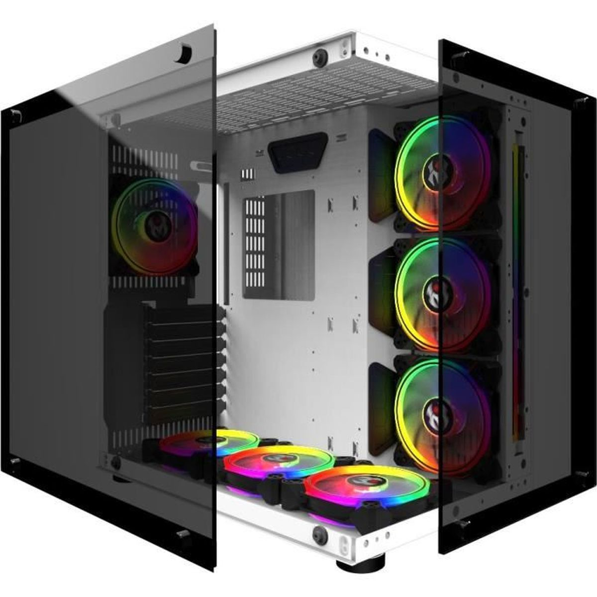 Un case PC bianco con ventole RGB colorate sul davanti e sui lati.