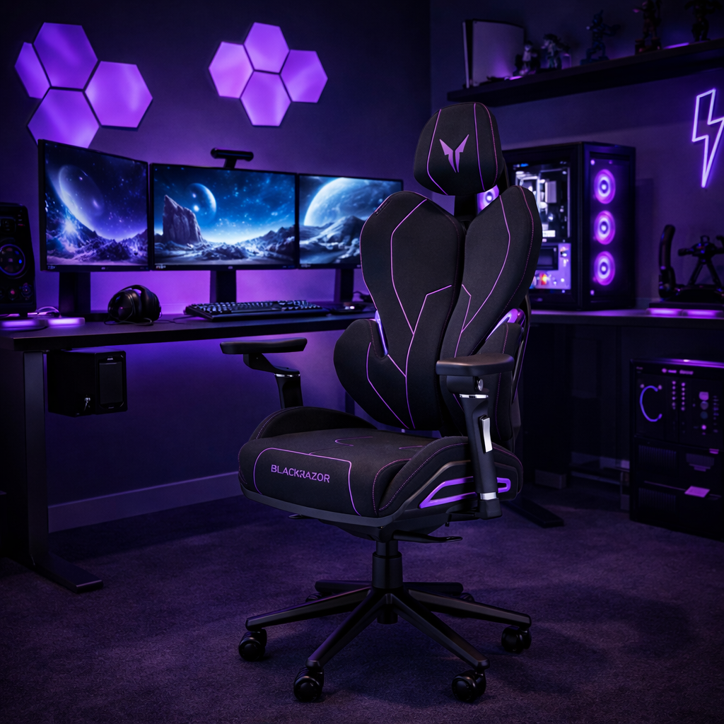 Czarny fotel gamingowy z fioletowymi akcentami, przed biurkiem z trzema monitorami.