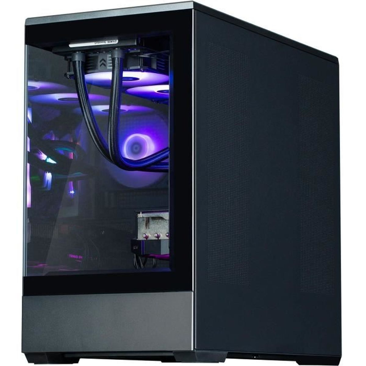 PC nero con finestra in vetro che mostra ventole illuminate.