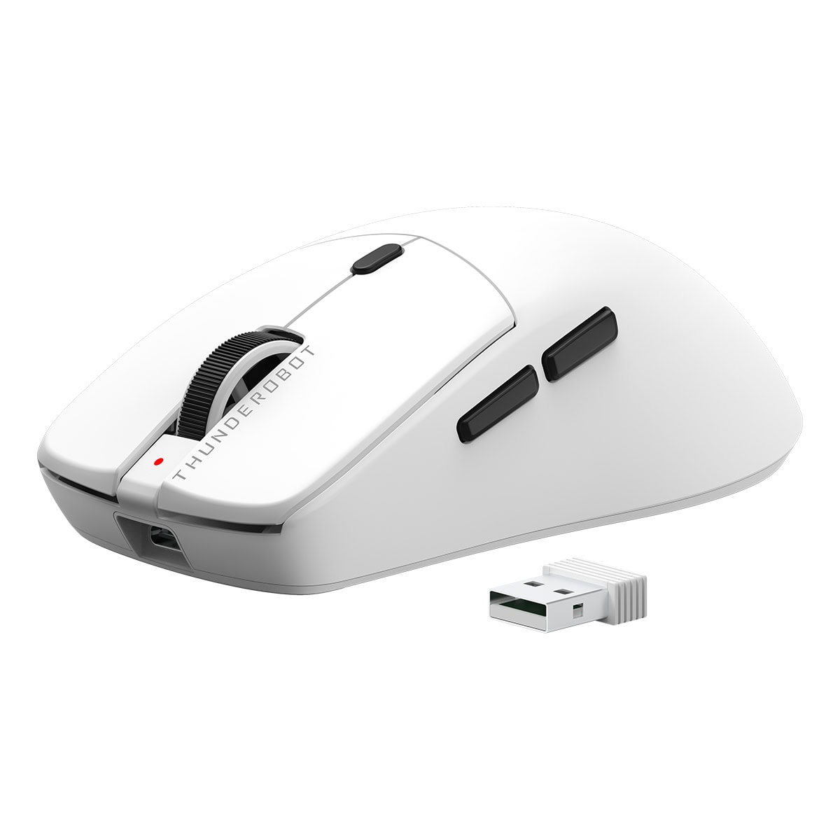 Beyaz kablosuz fare, USB dongle ile, beyaz arka plan üzerinde.
