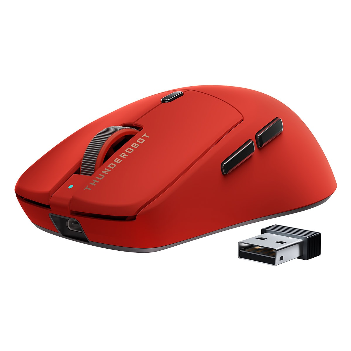 Beyaz zeminde USB dongle'lı kırmızı bilgisayar faresi.