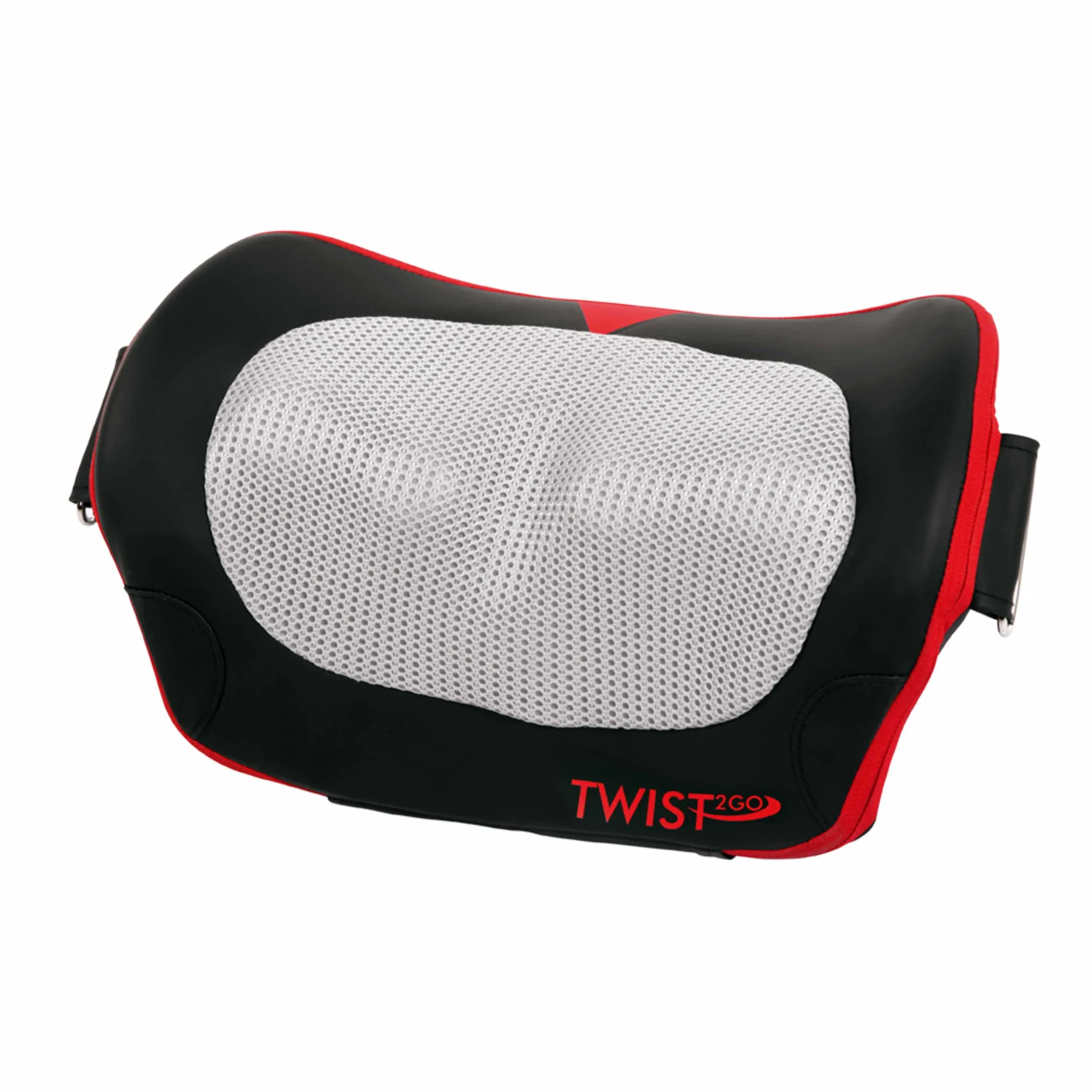 Czarne poduszka na kark z czerwonym obszyciem i szarą siateczką.