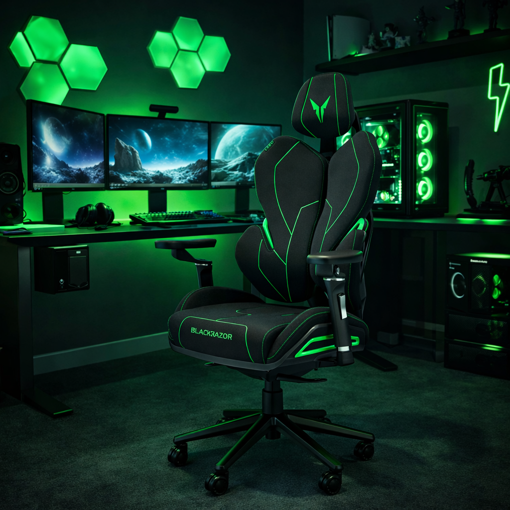 Czarno-zielone krzesło gamingowe stoi przed biurkiem z trzema monitorami.