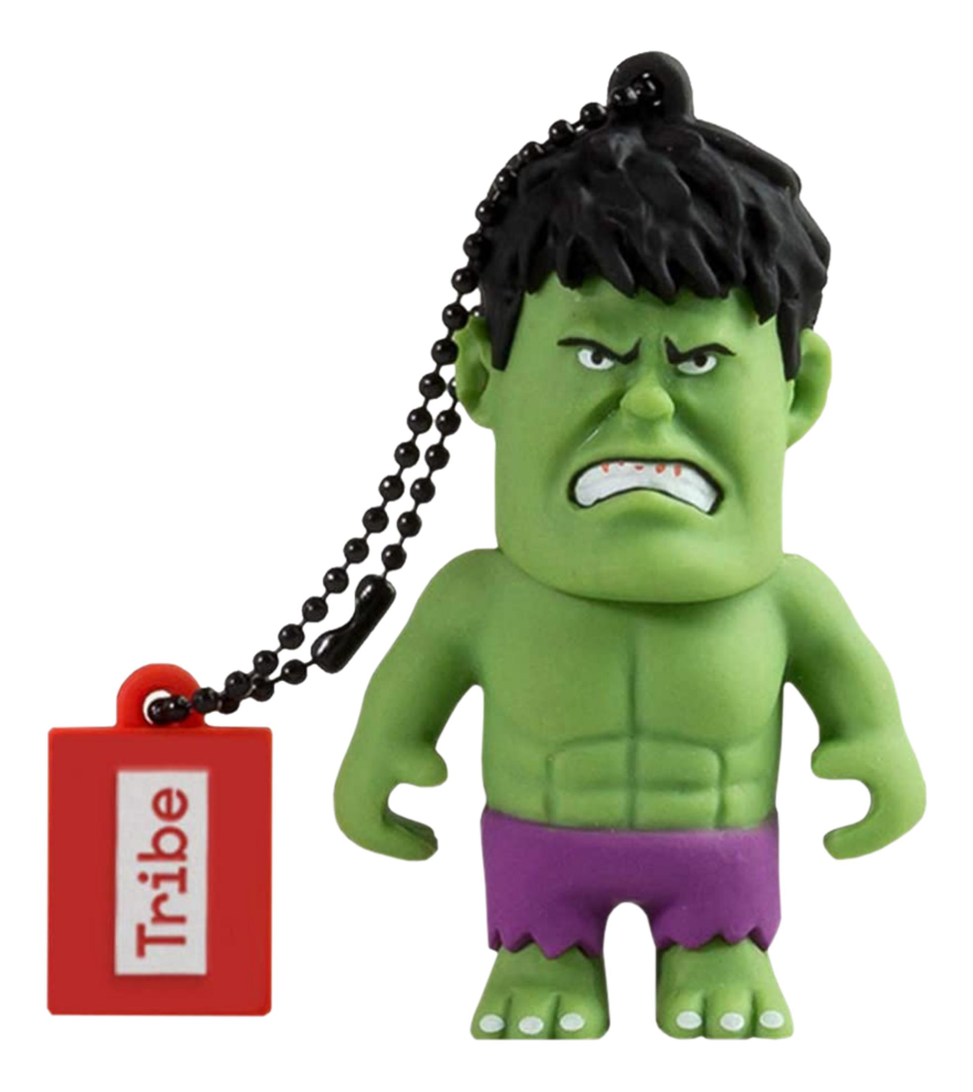 Figura verde di Hulk con pantaloncini viola e targhetta rossa 'Tribe'.