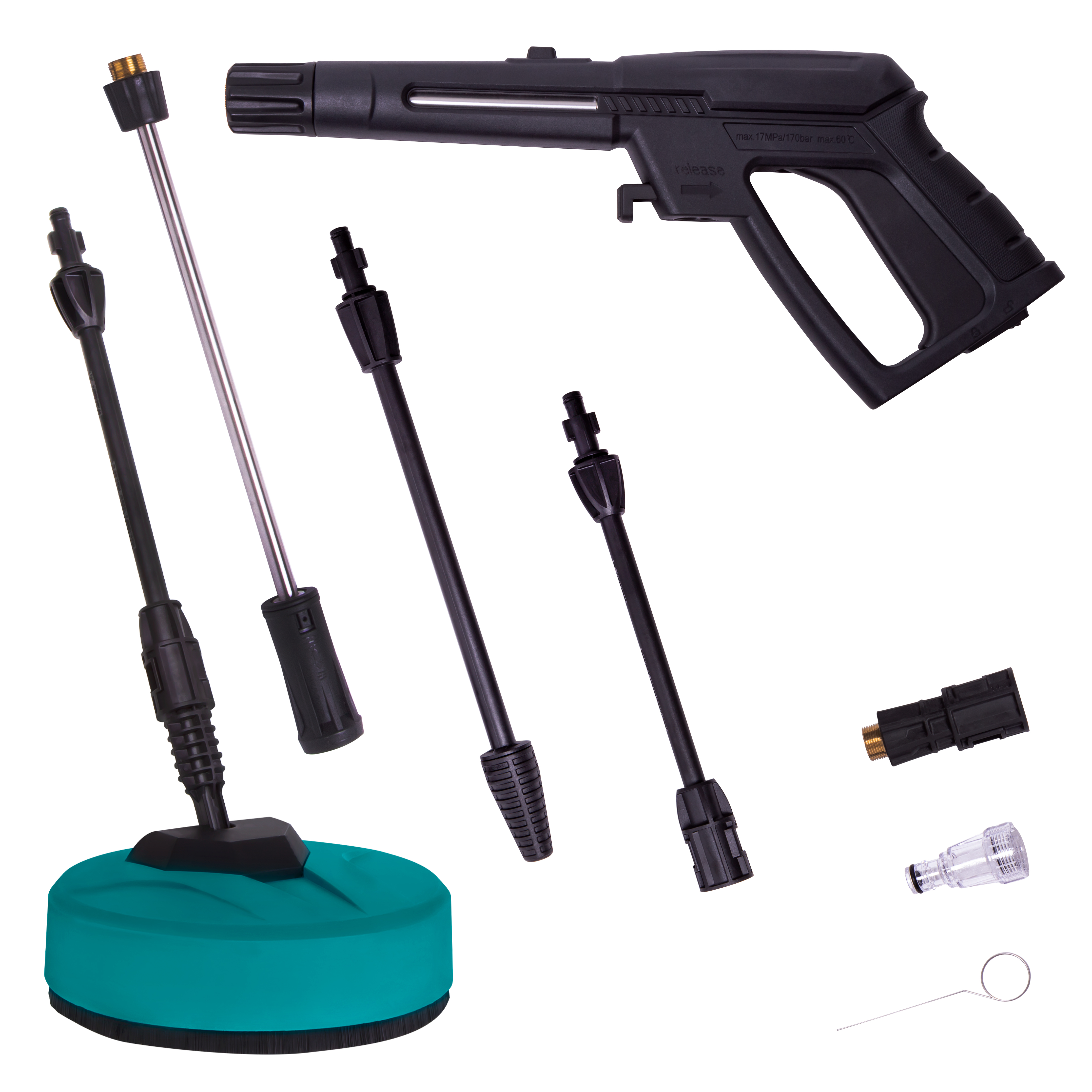 Een zwart hogedrukreinigerpistool met accessoires, inclusief een reinigingskop.