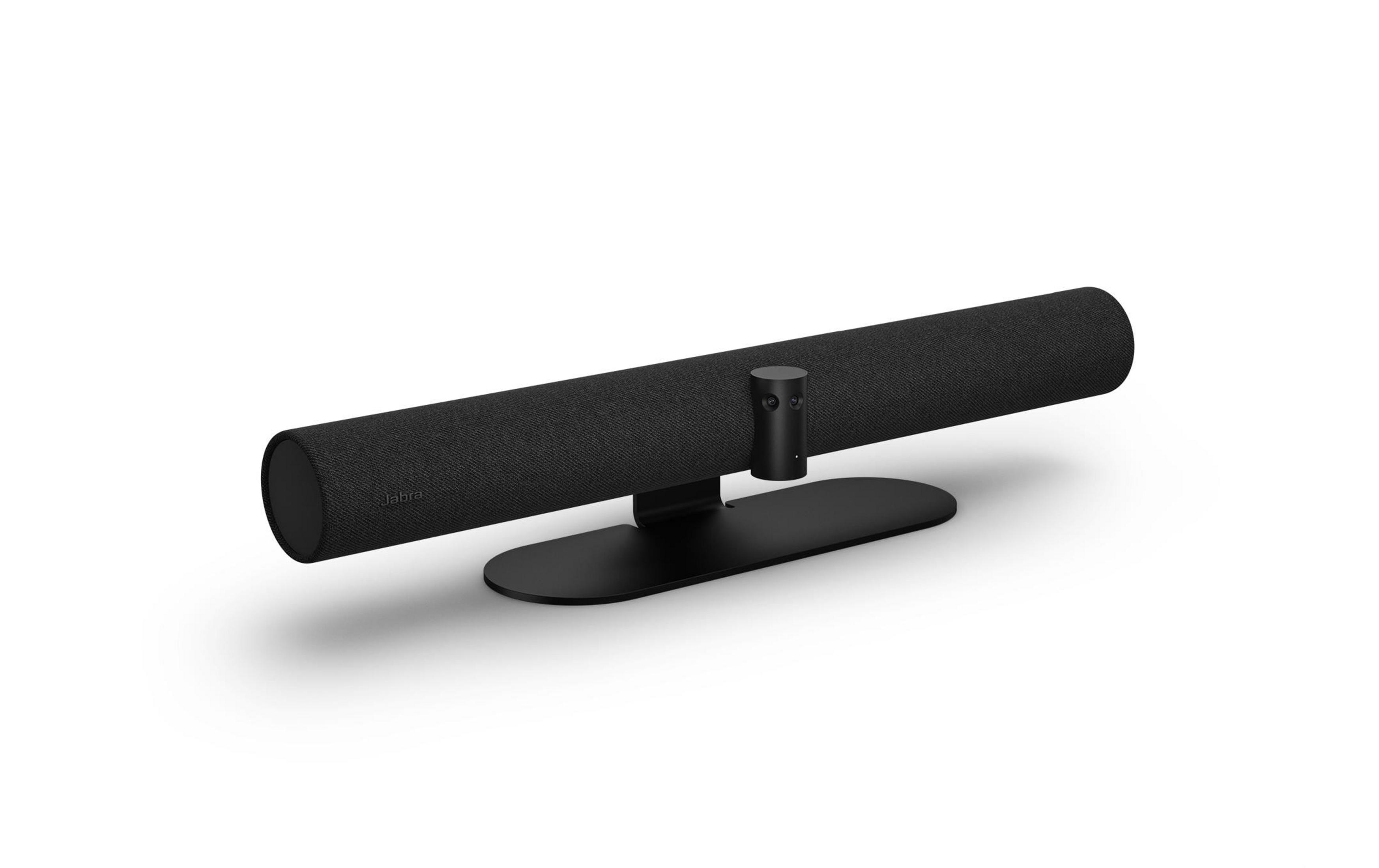 Haut-parleur de conférence Jabra noir avec caméra intégrée sur un support.