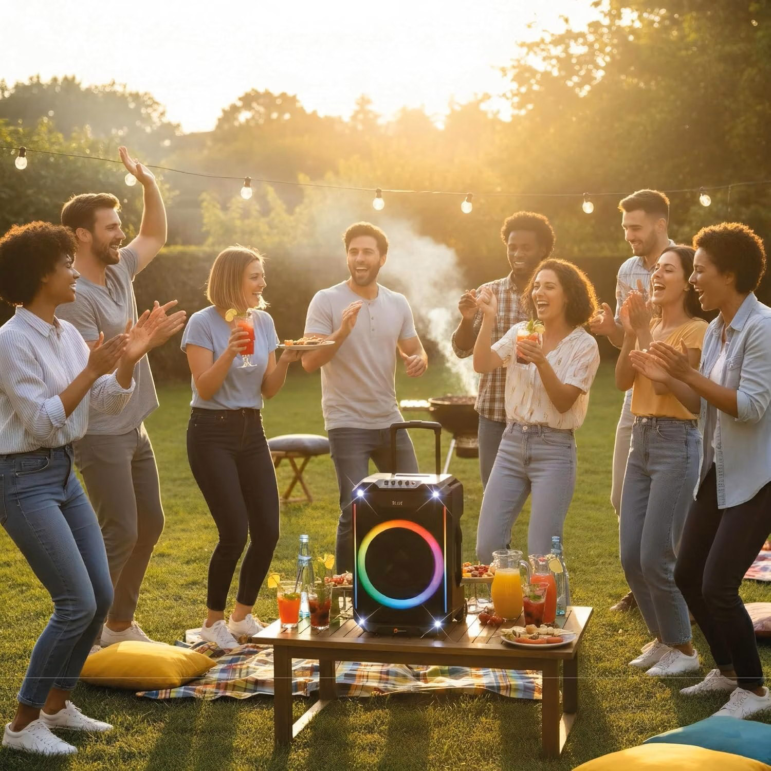 Freunde feiern im Freien bei Sonnenuntergang mit Musik und Getränken.