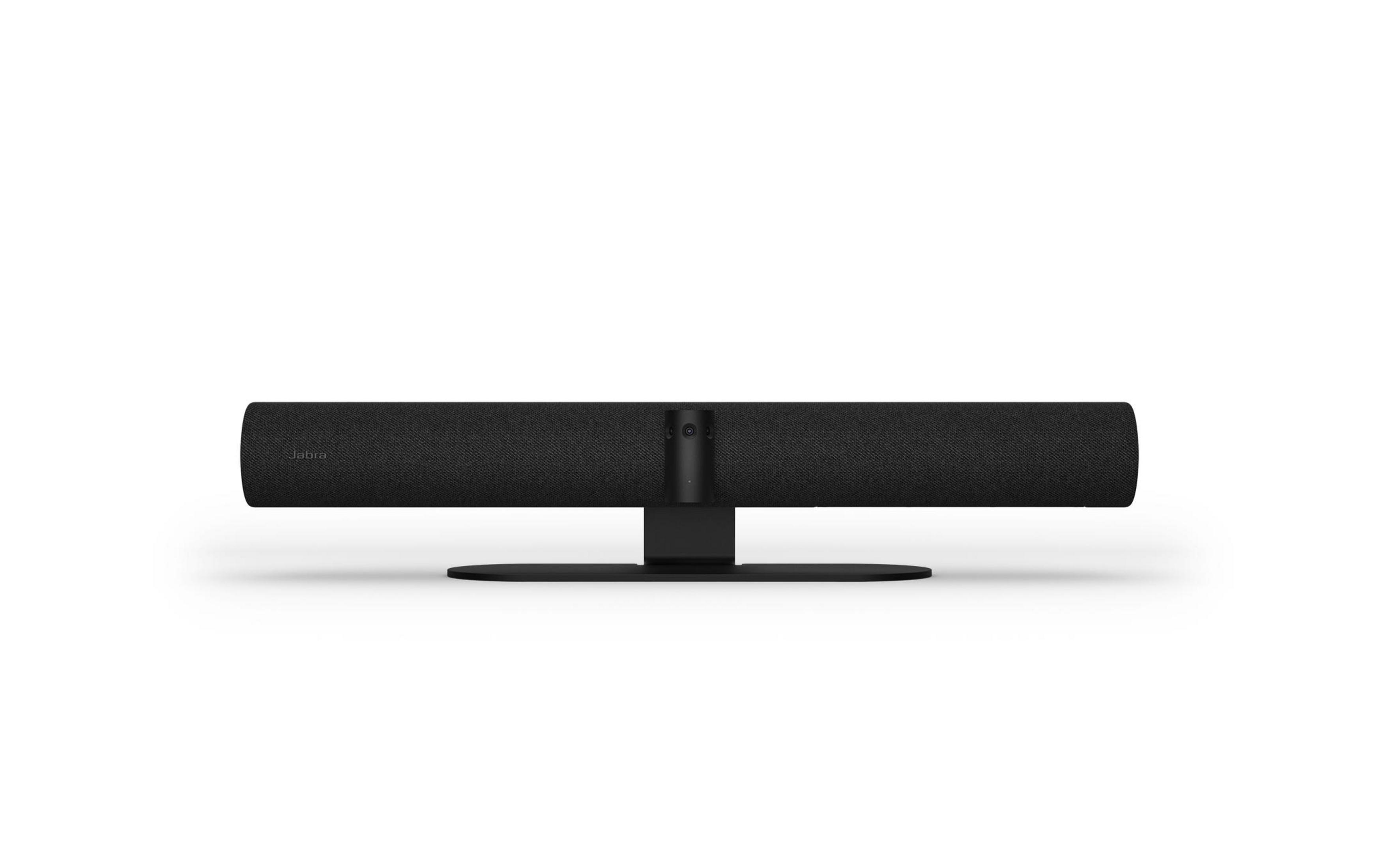 Ein schwarzes Jabra-Audiogerät mit Kamera auf einem Sockel, isoliert auf weißem Hintergrund.