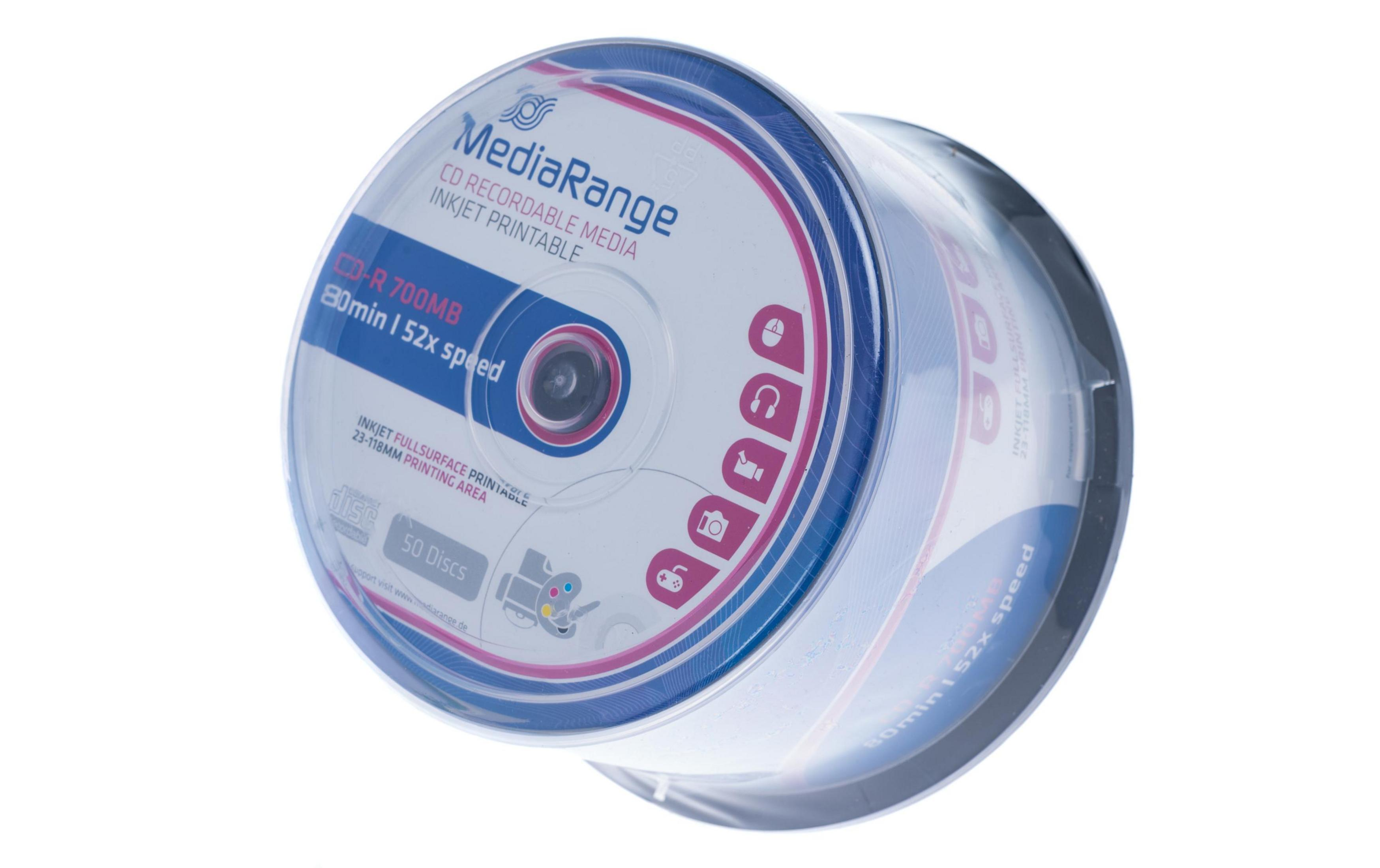 Una pila di CD-R stampabili a getto d'inchiostro MediaRange, 700MB.
