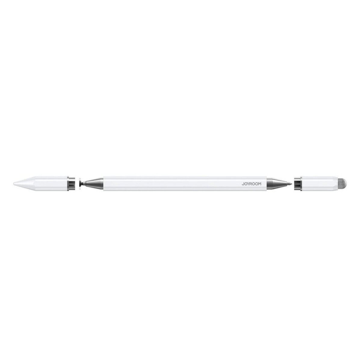 Ein weißer Stylus-Stift mit silberner Spitze und Kappe, auf weißem Hintergrund.
