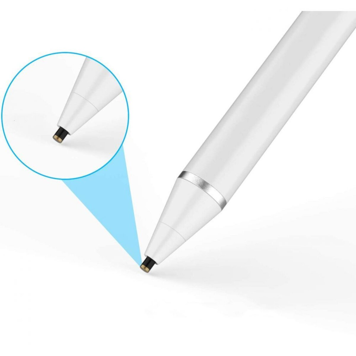 Nahaufnahme einer weißen Stylus-Spitze mit silbernem Ring, Nahaufnahme daneben.