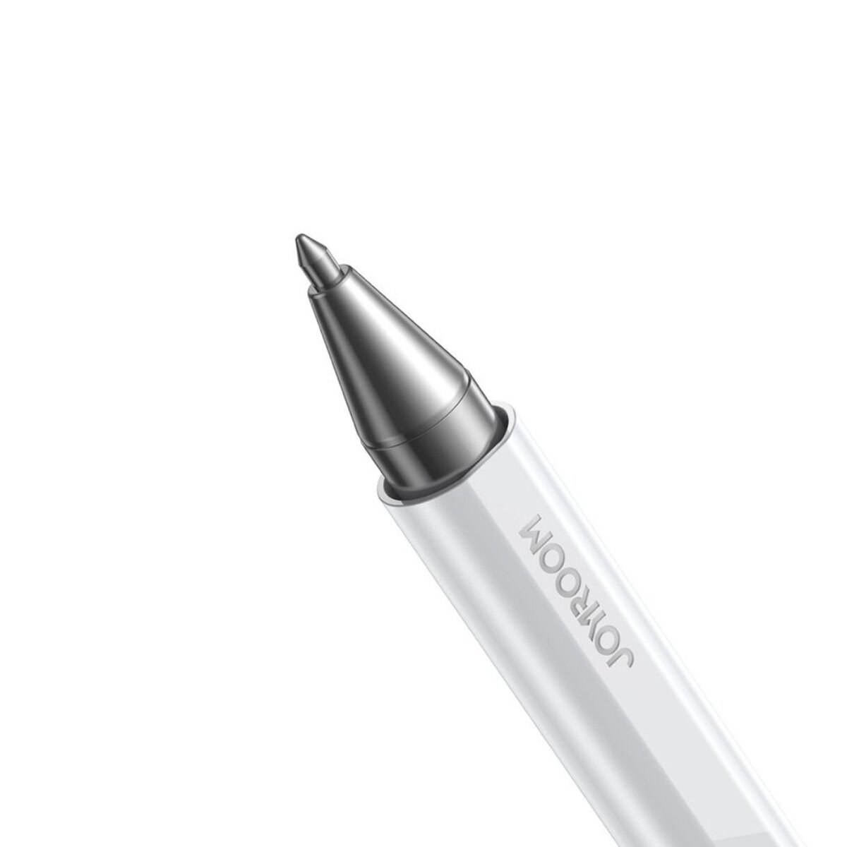 Nahaufnahme der Spitze eines weißen Stifts mit silberner Metallspitze.
