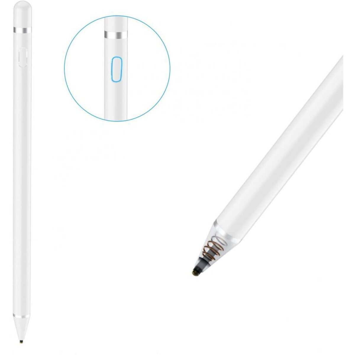 Ein weißer Stift mit silbernen Akzenten und einer Nahaufnahme der Spitze.