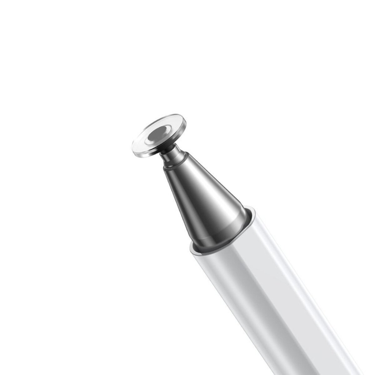 Nahaufnahme eines weißen Stylusstifts mit Metallspitze und transparentem Kreisschutz.