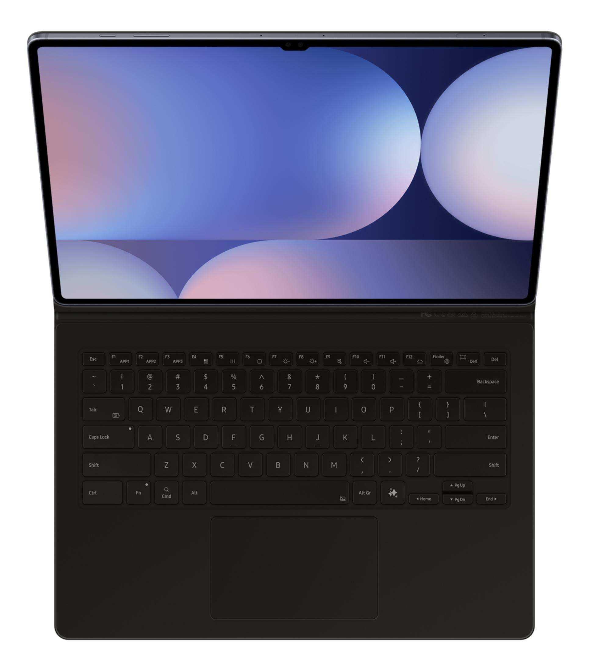 Un tablet scuro con tastiera collegata e sfondo luminoso.
