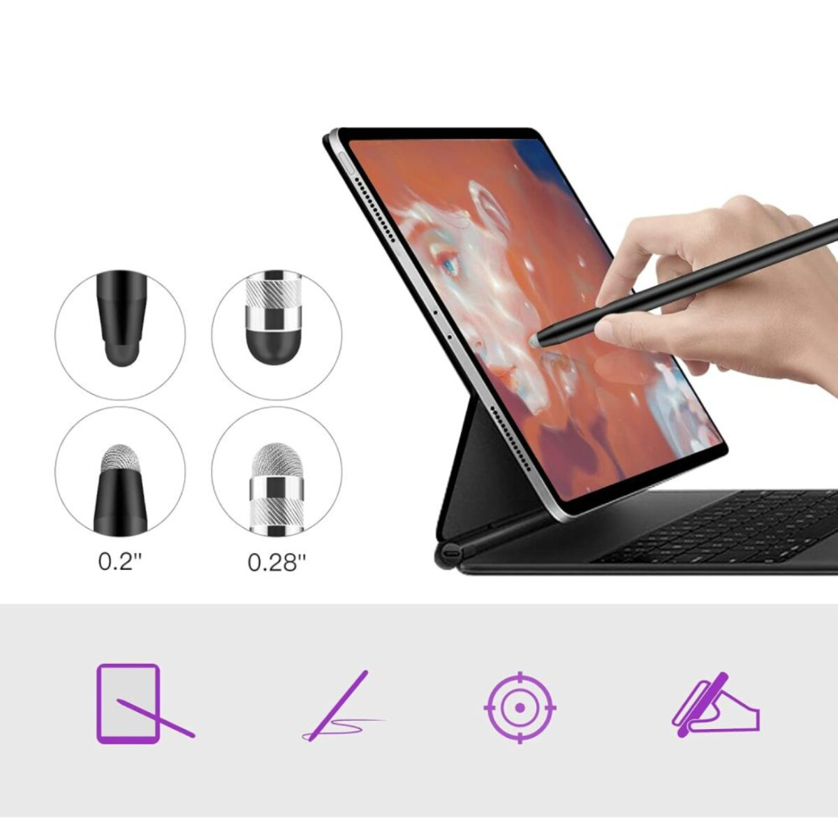 Stylus-Spitzen und ein Tablet mit Stiftbedienung. Vier Spitzen im Detail.