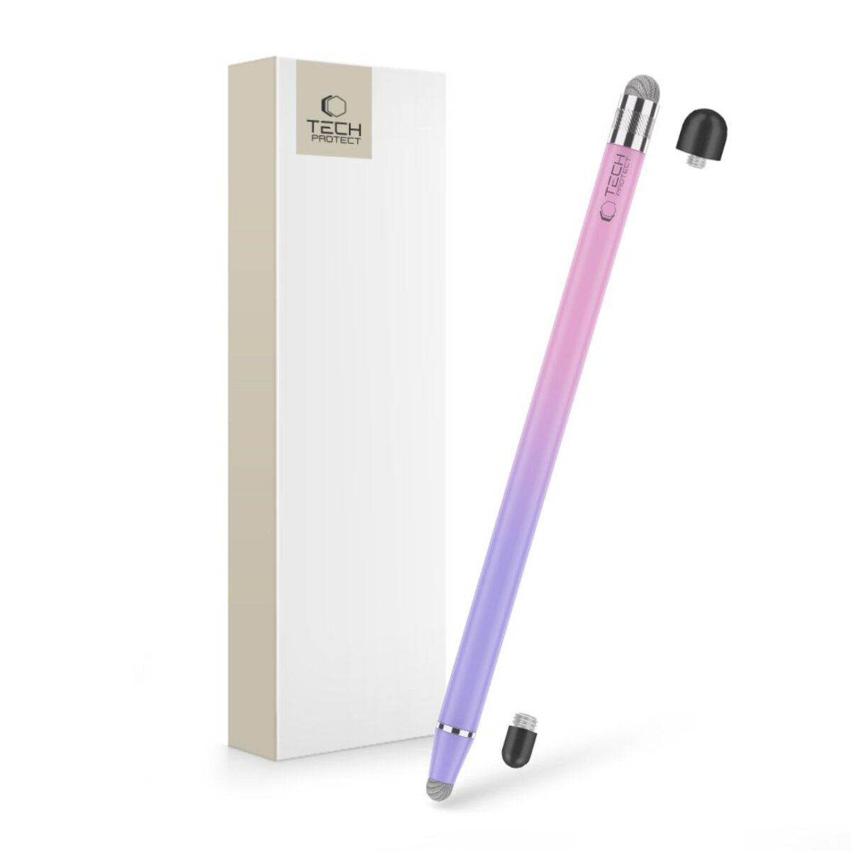 Ein stilisierter Stift in Pink und Lila neben einer weißen Box mit Logo.