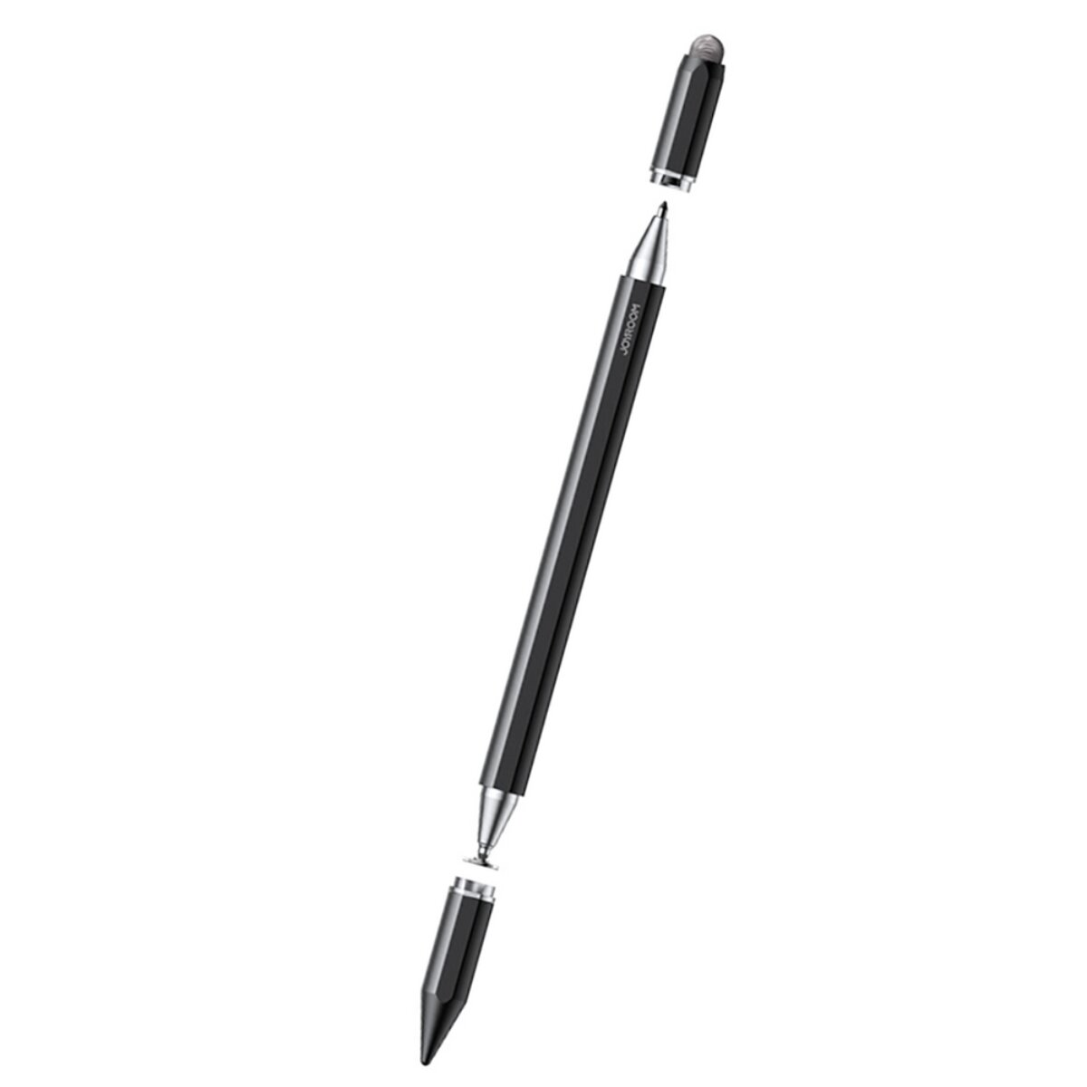 Ein schwarzer Stift mit silberner Spitze und Kappe, auf weißem Hintergrund.
