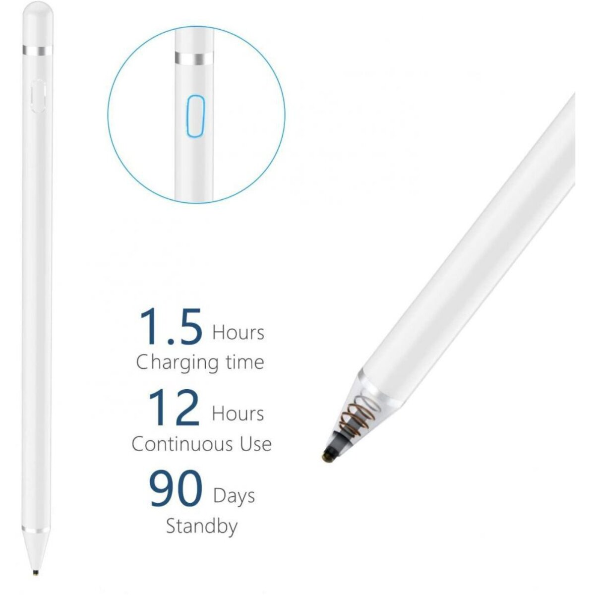 Ein weißer Stift mit Ladeinformationen: 1,5 Std. Ladezeit, 12 Std. Nutzung, 90 Tage Standby.
