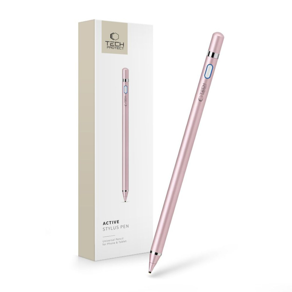 Ein roségoldener Eingabestift liegt neben seiner Verpackung.
