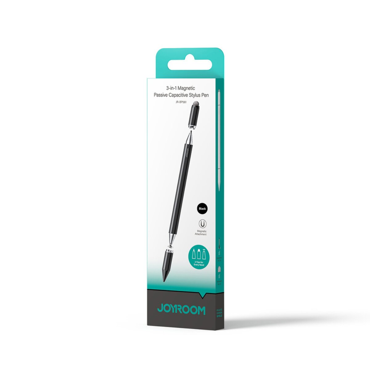 Verpackung eines schwarzen 3-in-1 magnetischen Stiftes mit Stift. Magnetische Befestigung & 3 Spitzen.