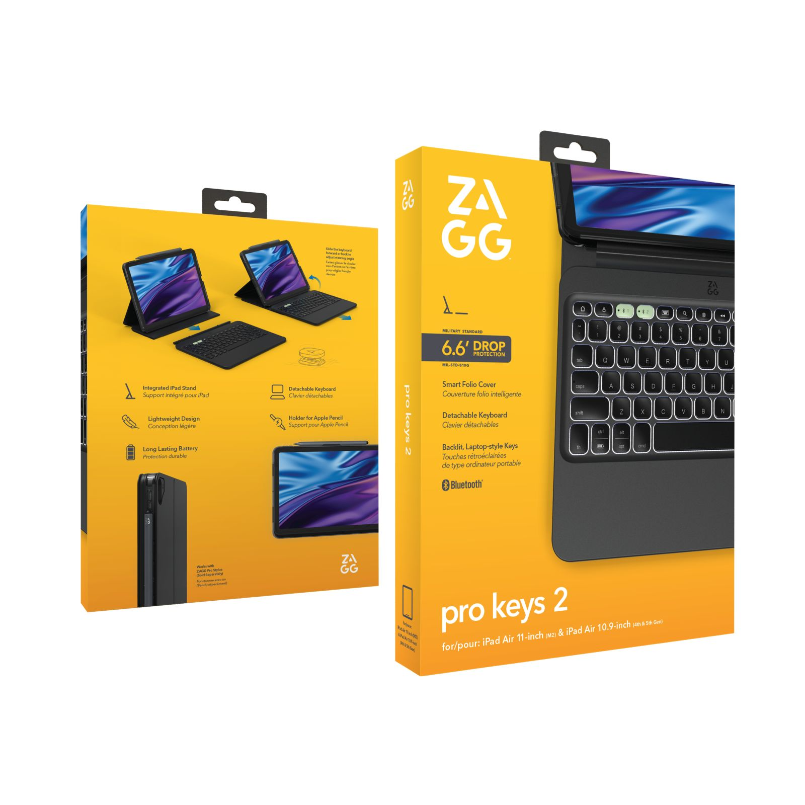 Verpackung zeigt ein ZAGG Pro Keys 2 Keyboard für iPads mit abnehmbarer Tastatur und Stifthalter.