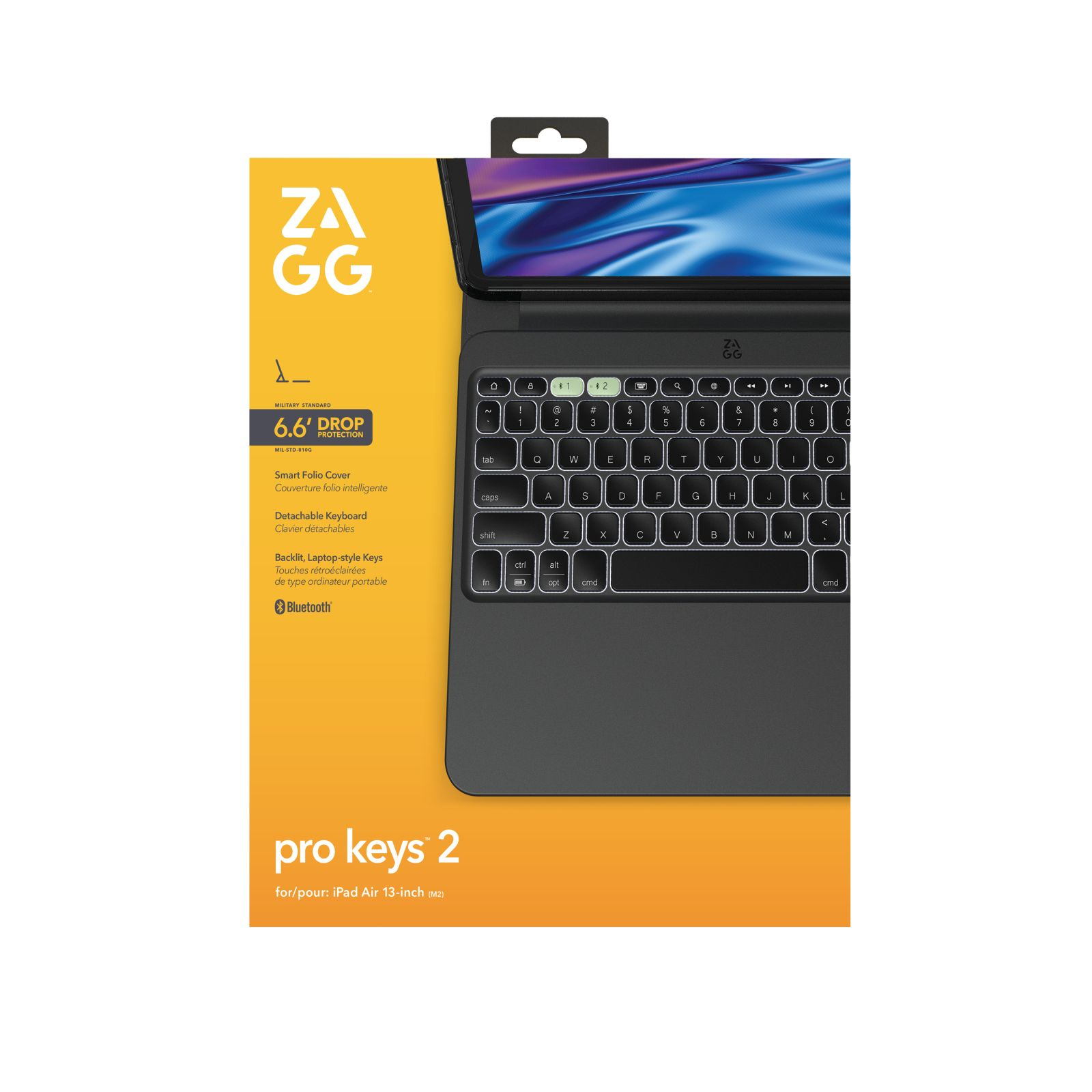 ZAGG Pro Keys 2 Tastatur für iPad Air 13" mit Hintergrundbeleuchtung, Schutz und Bluetooth.
