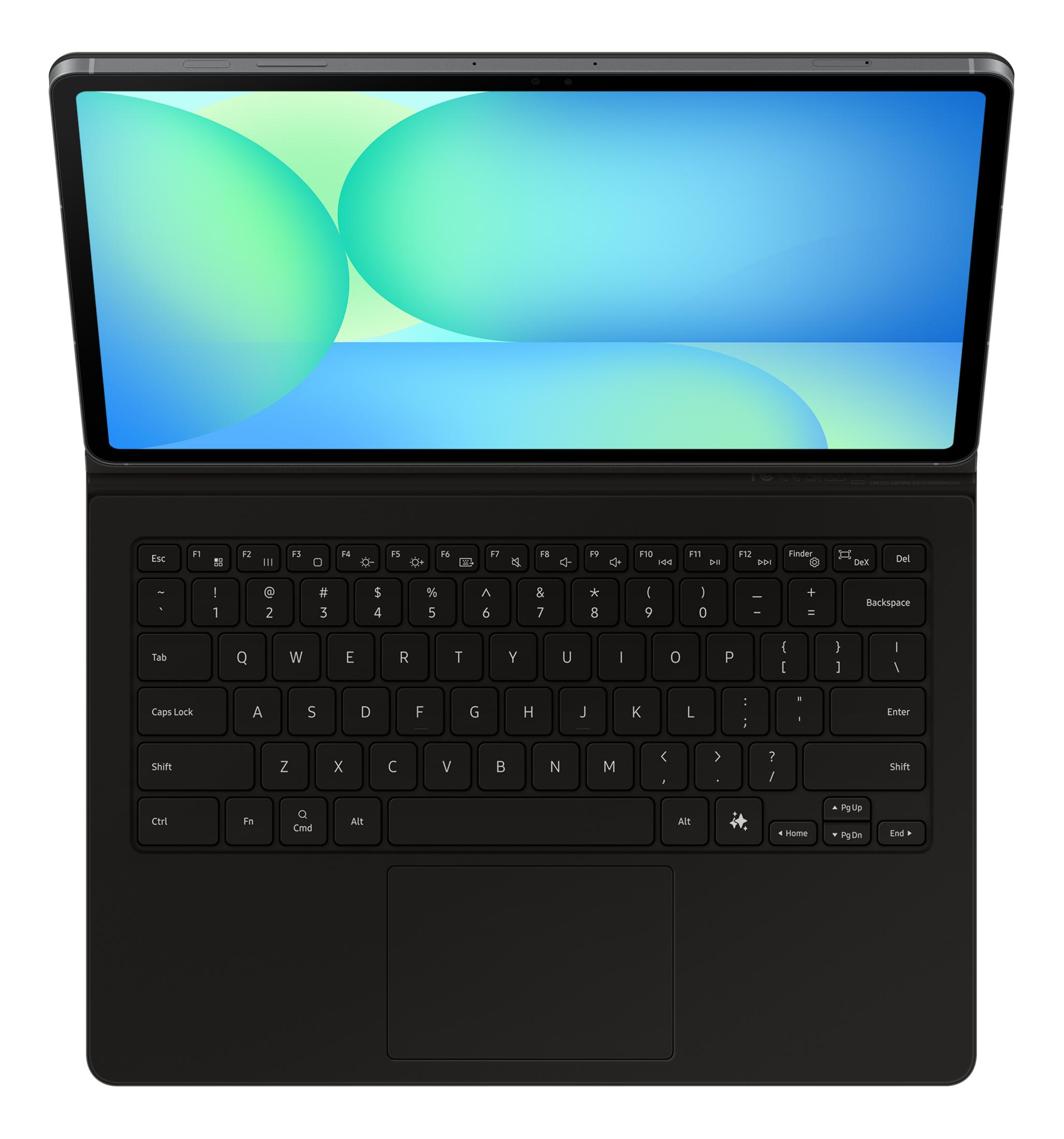 Un ordinateur portable ouvert avec clavier et écran noirs. Fond bleu à l'écran.