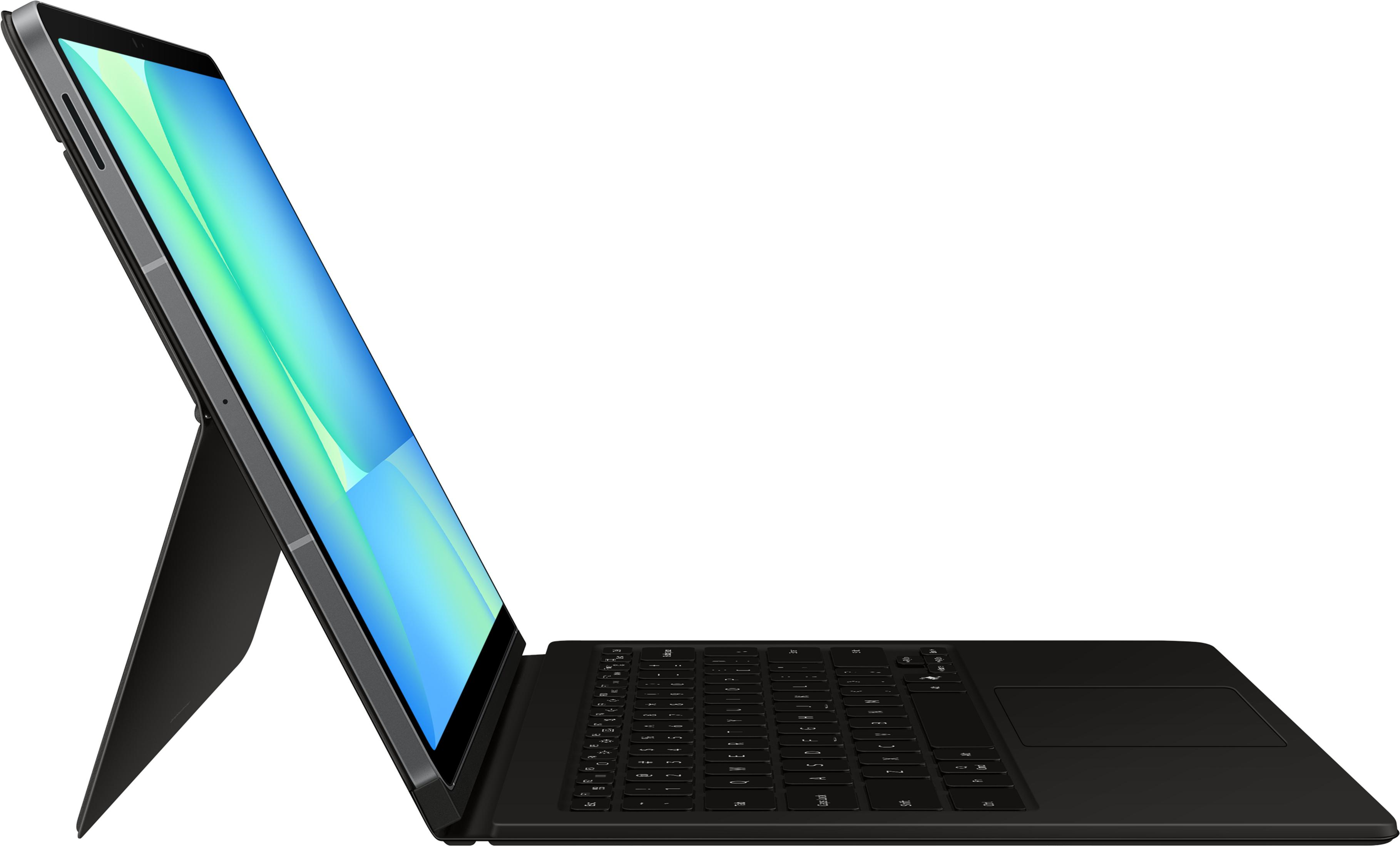 Une tablette noire avec un support clavier noir est présentée sur fond blanc.