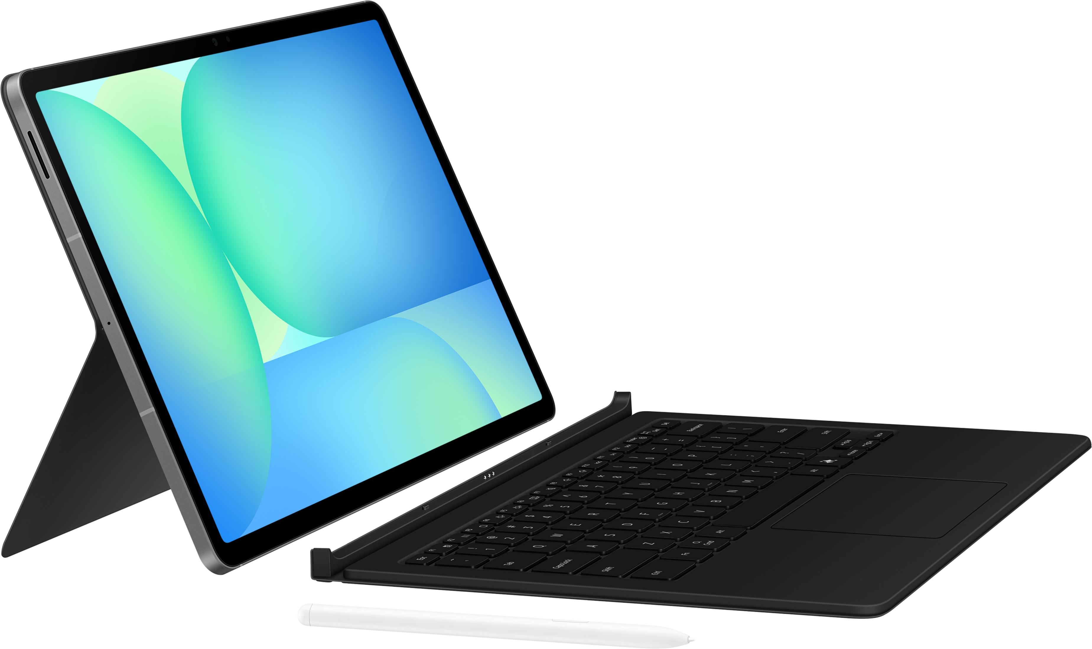 Une tablette avec clavier et stylet sur fond blanc.