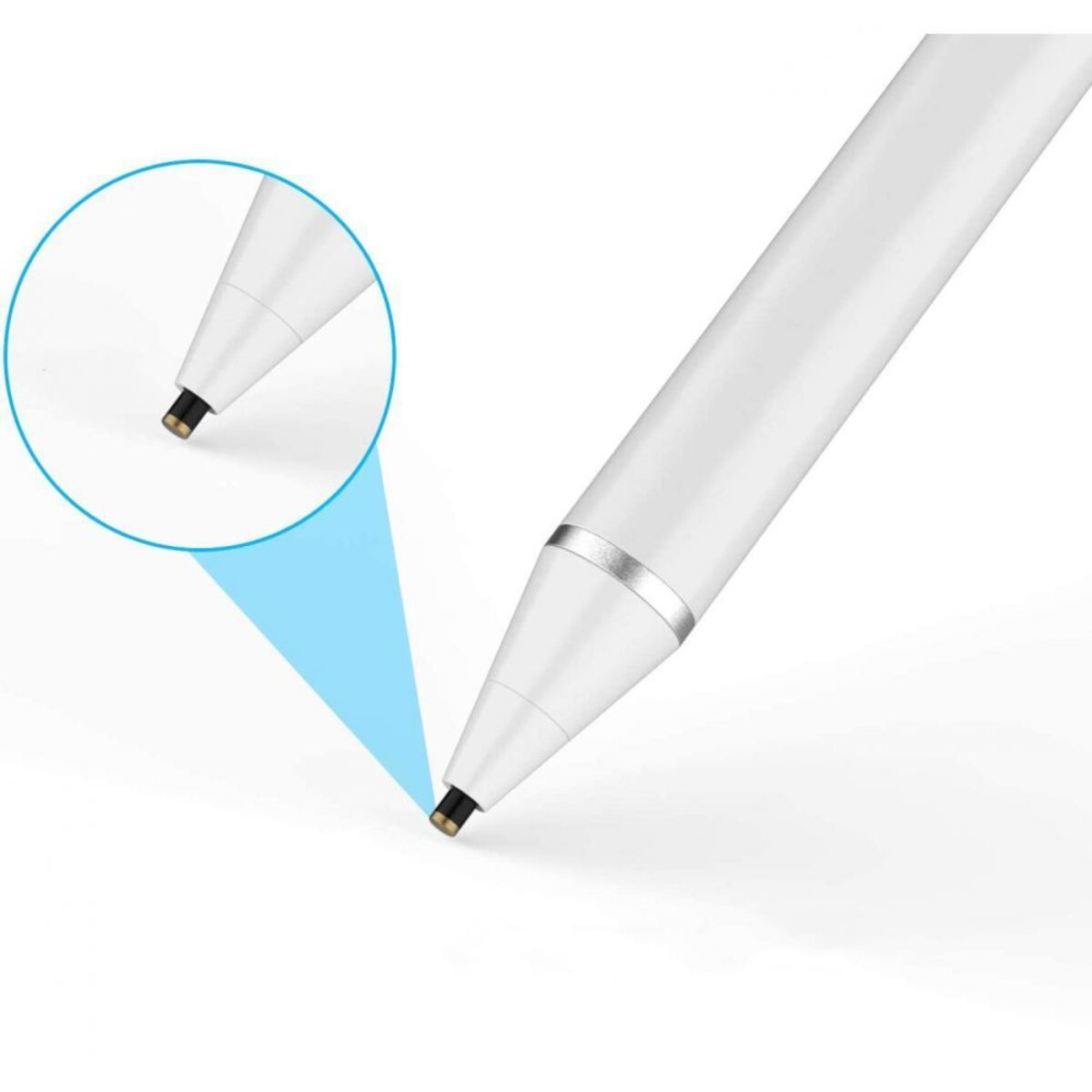 Nahaufnahme einer weißen Stylus-Spitze mit silbernem Ring und einem vergrößerten Detail.