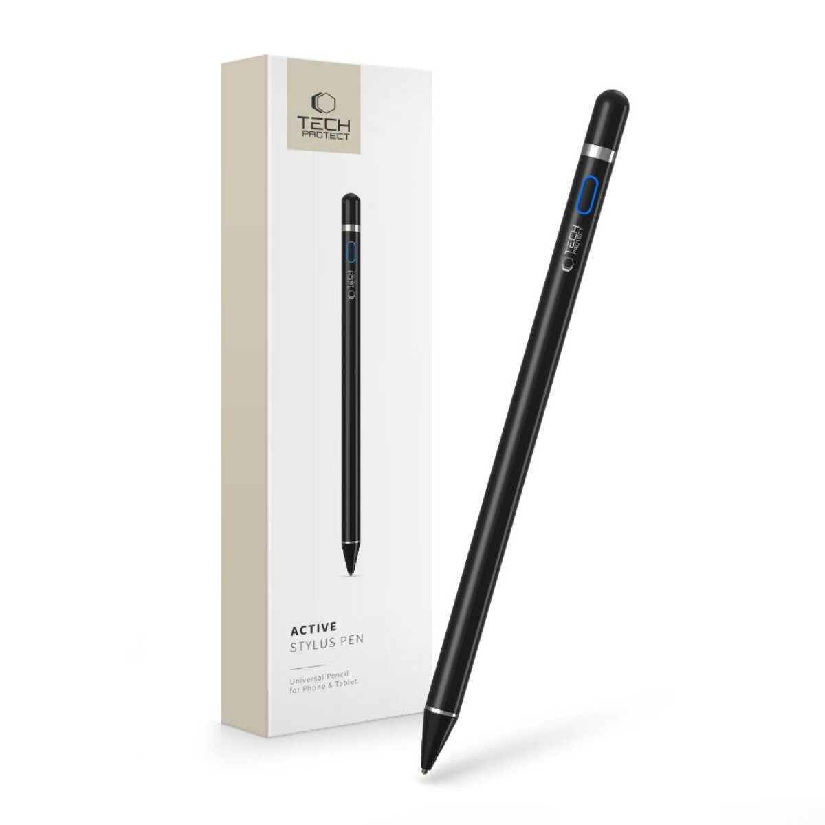 Ein schwarzer aktiver Stift und seine Verpackung mit der Aufschrift TECH PROTECT.