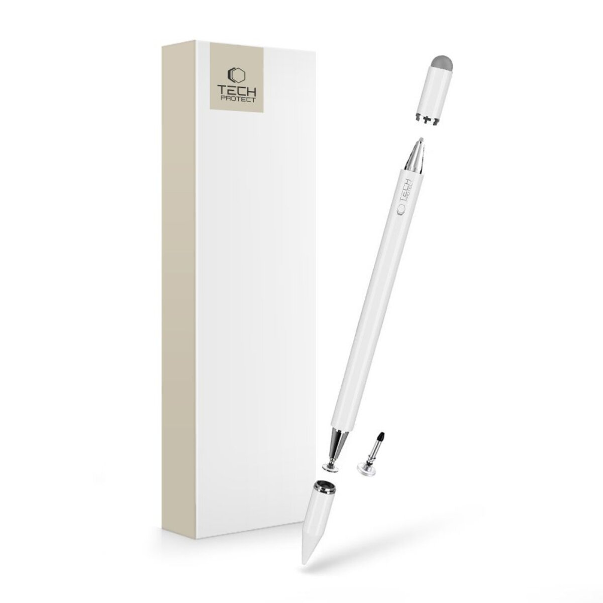 Ein weißer Eingabestift mit abnehmbaren Kappen und einem Kasten.