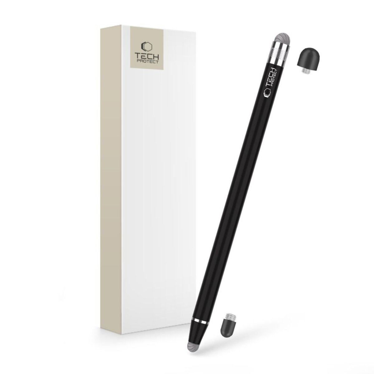Ein schwarzer Stylus Stift mit silbernen Akzenten neben einer weißen Verpackung.